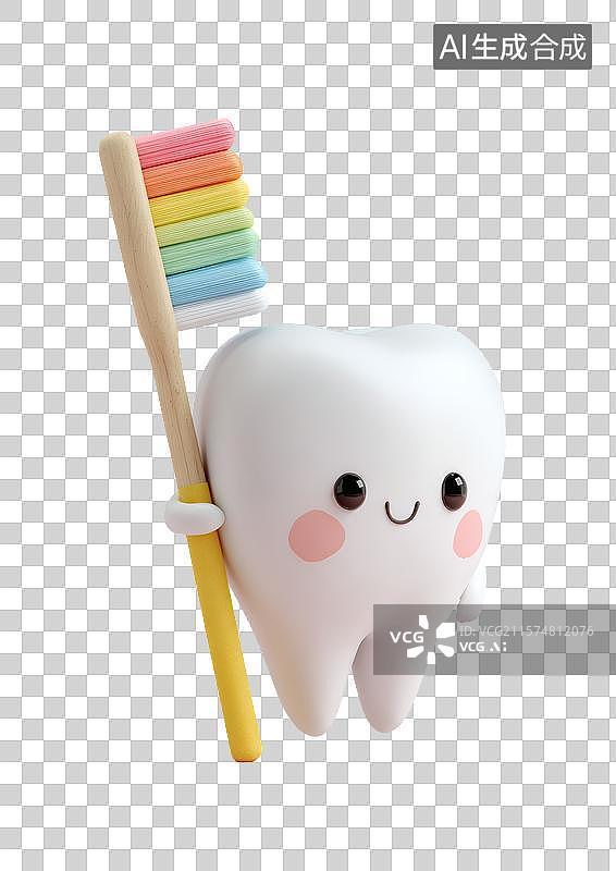 【AI数字艺术】【免抠png素材】一颗3D卡通牙齿拿着把牙刷图片素材
