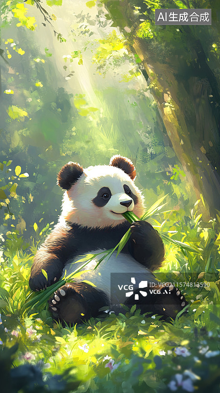 【AI数字艺术】世界动物日插画阳光洒在动物园的草地上熊猫悠闲地吃着竹子图片素材