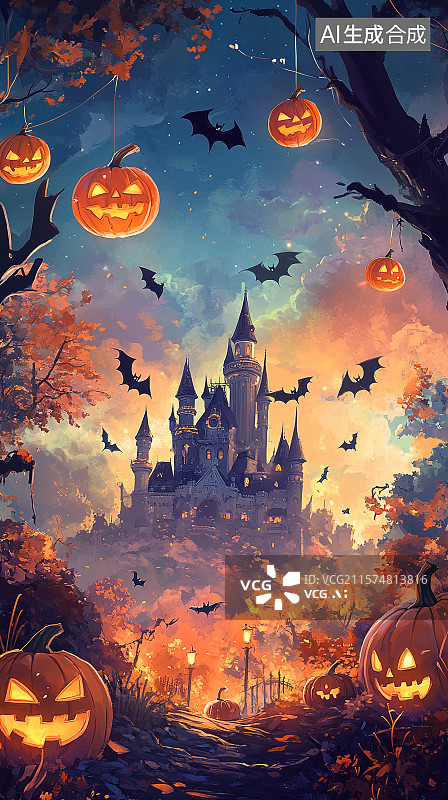 【AI数字艺术】万圣节插画万圣节夜晚古城堡和南瓜灯图片素材