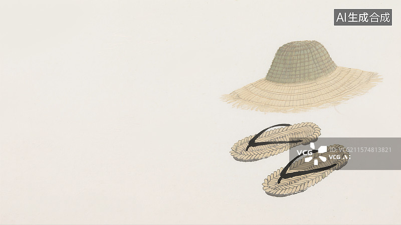 【AI数字艺术】水墨画草帽与草屐背景居右图片素材
