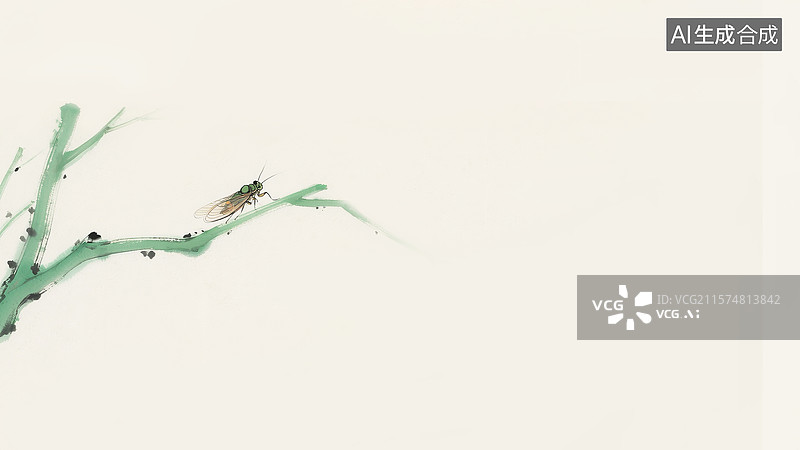 【AI数字艺术】水墨画绿枝鸣蝉背景居左图片素材