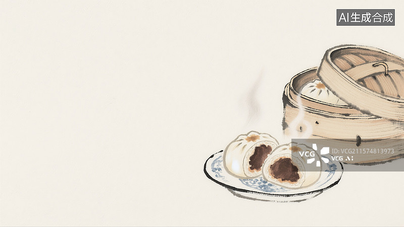 【AI数字艺术】水墨画蒸笼豆沙包背景居右图片素材