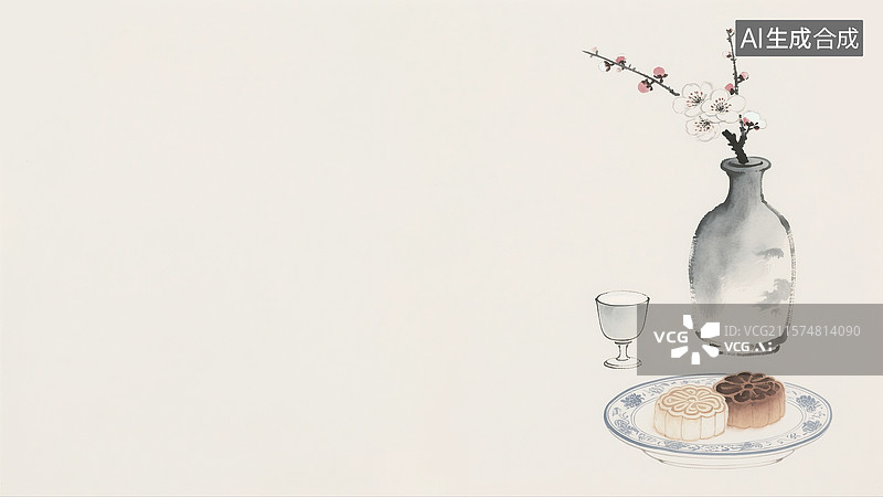 【AI数字艺术】水墨画青花梅瓶月饼背景居右图片素材