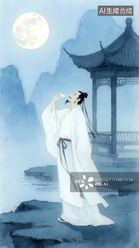 【AI数字艺术】李白对着月亮喝酒古风插画图片素材