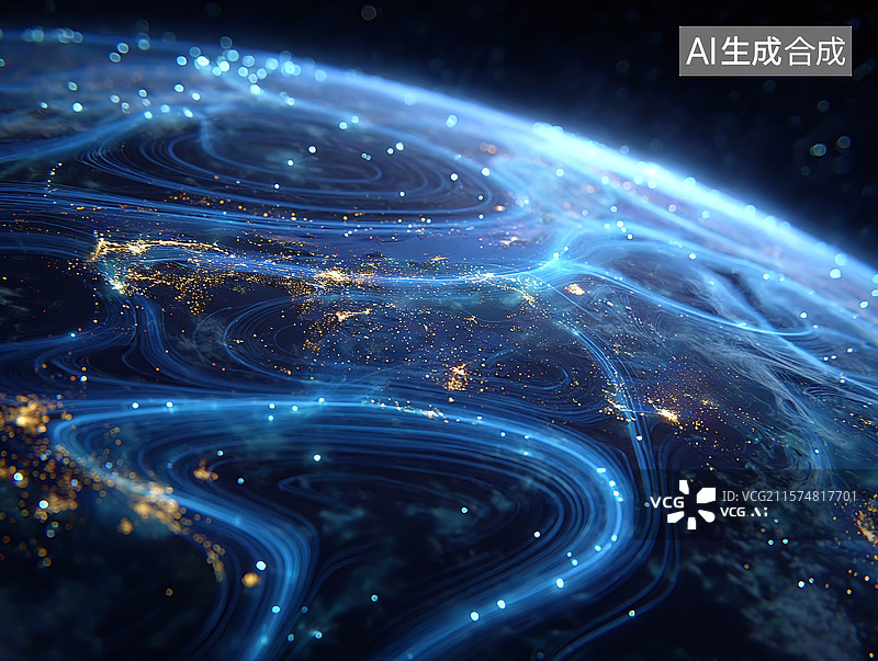 【AI数字艺术】科技感数字地球：蓝色光线编织全球连接网络与未来信息流动图景图片素材