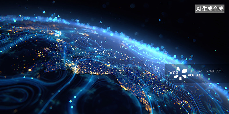 【AI数字艺术】科技感数字地球：蓝色光线编织全球连接网络与未来信息流动图景图片素材