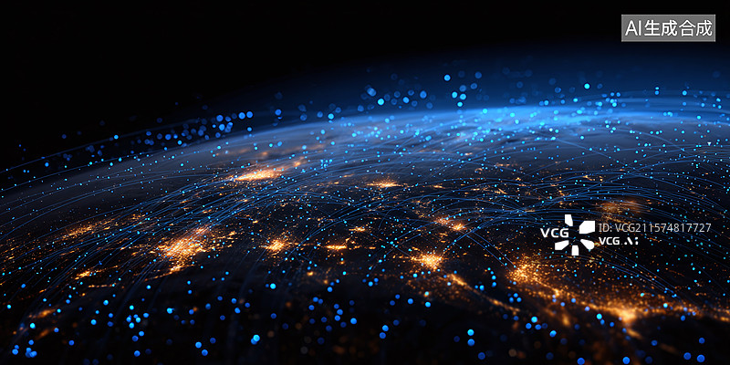 【AI数字艺术】科技感数字地球：蓝色光线编织全球连接网络与未来信息流动图景图片素材