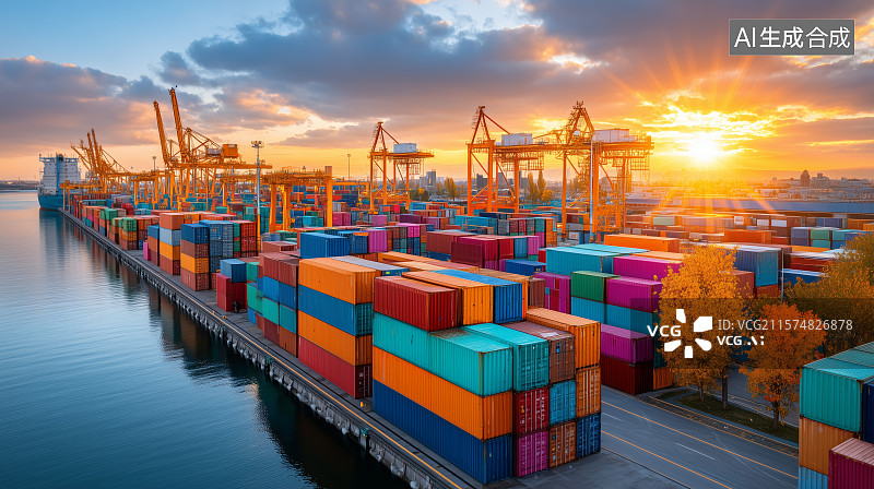 【AI数字艺术】集装箱堆场的日落景象图片素材