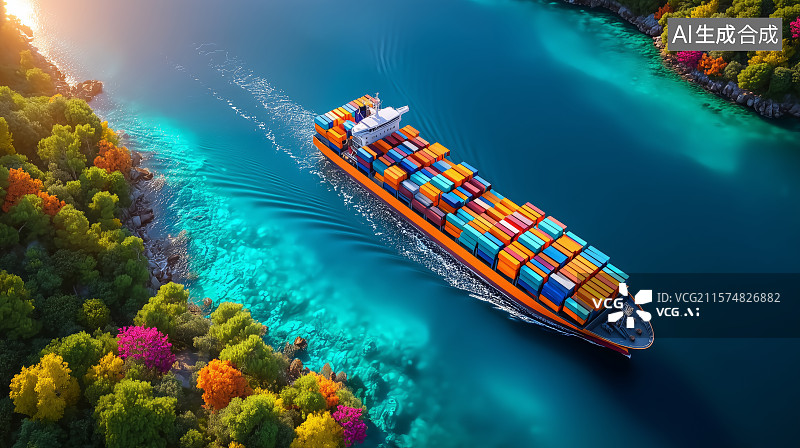 【AI数字艺术】集装箱货船在运河中航行图片素材