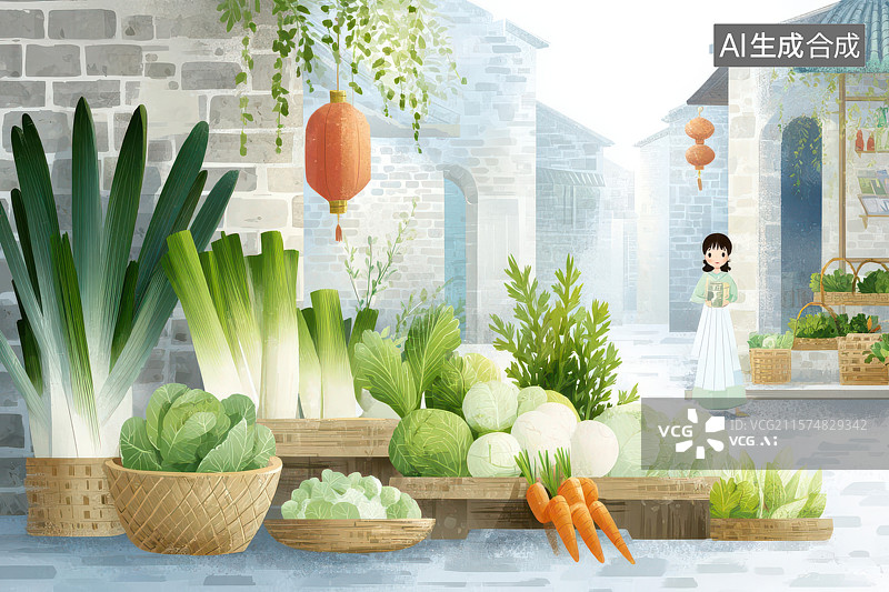 【AI数字艺术】古风田园蔬菜摊位生态场景图片素材