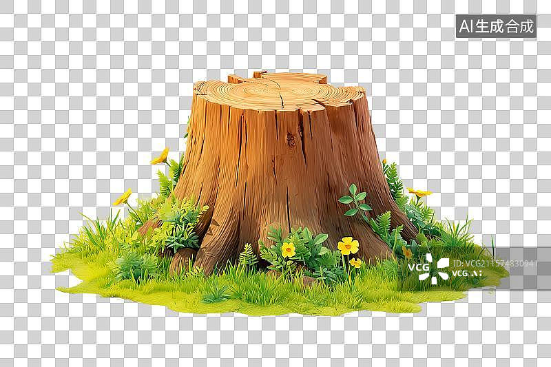 【AI数字艺术】树桩旁边的小花和青草3d模型图片素材