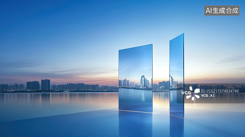 【AI数字艺术】城市夜景风光道路平台与立着的玻璃镜子图片素材