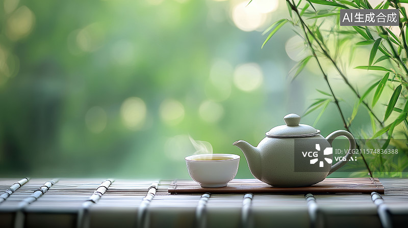 【AI数字艺术】绿色竹叶背景下的茶壶和茶杯图片素材