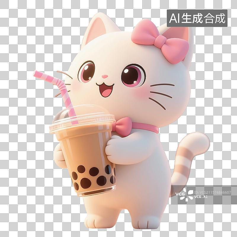 【AI数字艺术】3D渲染卡通动物，小猫手里拿着一杯奶茶，免抠元素图片素材