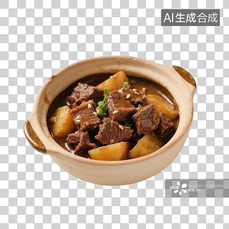 【AI数字艺术】家常菜，下饭菜，红烧牛肉，牛肉土豆煲，砂锅里的焖土豆牛肉图片素材