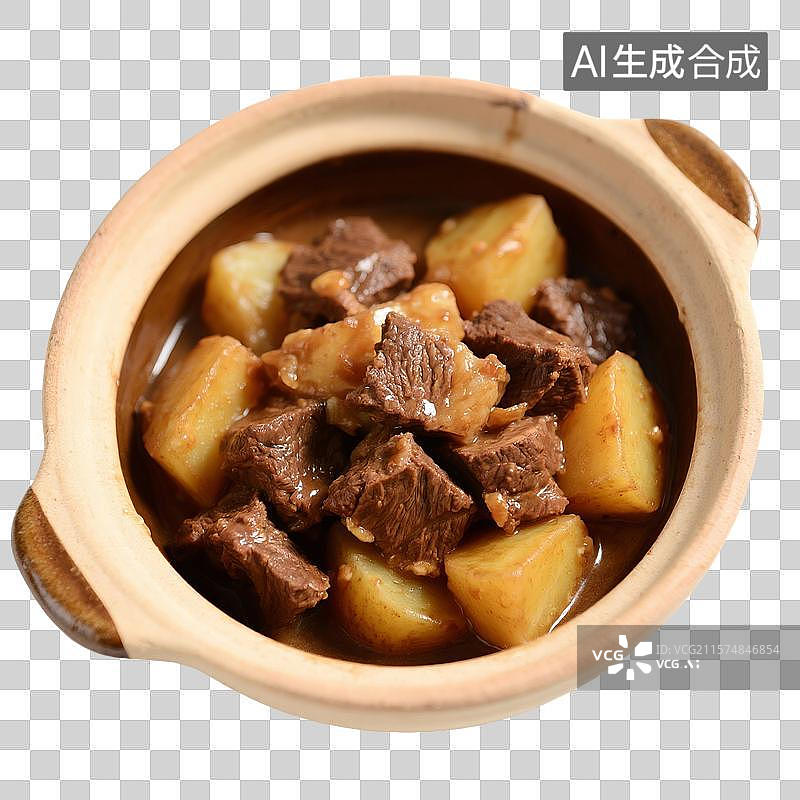 【AI数字艺术】家常菜，下饭菜，红烧牛肉，牛肉土豆煲，砂锅里的焖土豆牛肉图片素材