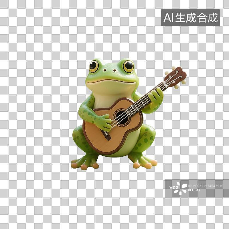 【AI数字艺术】3D渲染卡通动物，弹吉他的小青蛙，夏天，可爱的青蛙，免抠元素图片素材