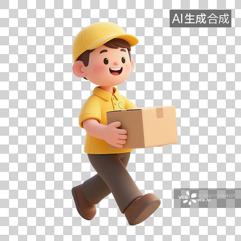 【AI数字艺术】3D渲染卡通人物，拿着纸板箱的快递员的形象，物流，快递，仓储，货运，劳动节，免抠元素图片素材