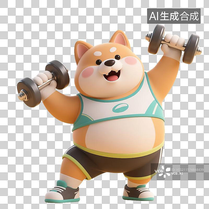 【AI数字艺术】3D渲染卡通动物，一只胖乎乎的柴犬举着哑铃，小狗正在健身，运动，锻炼，减肥瘦身，免抠元素图片素材