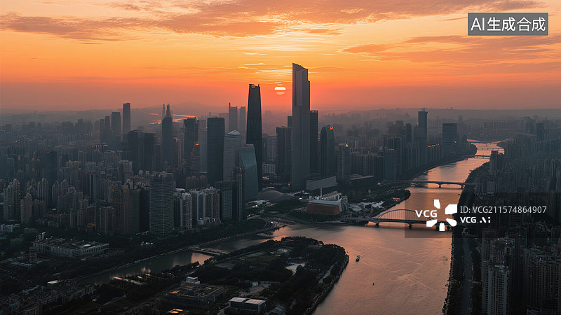 【AI数字艺术】城市天际线的金色日出图片素材