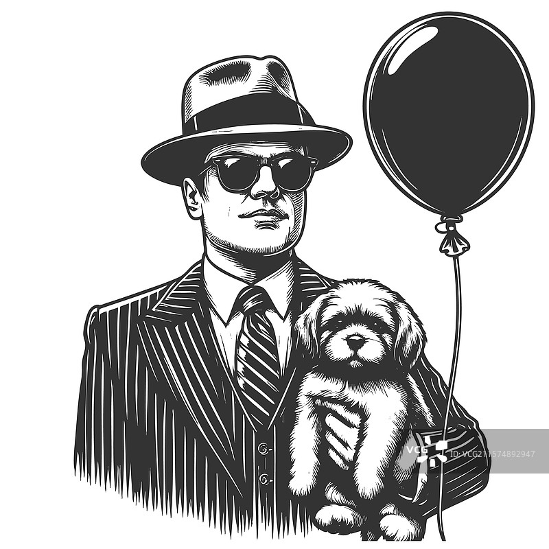 神秘的黑手党男子抱着狗和气球图片素材