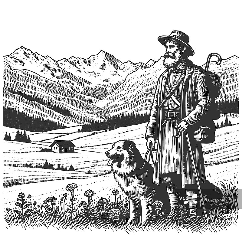 山地风景中的牧羊人与狗图片素材