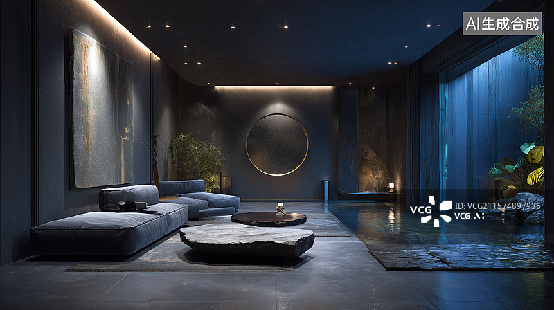 【AI数字艺术】夜间高雅极简禅意客厅：静谧灰调与水景相融图片素材