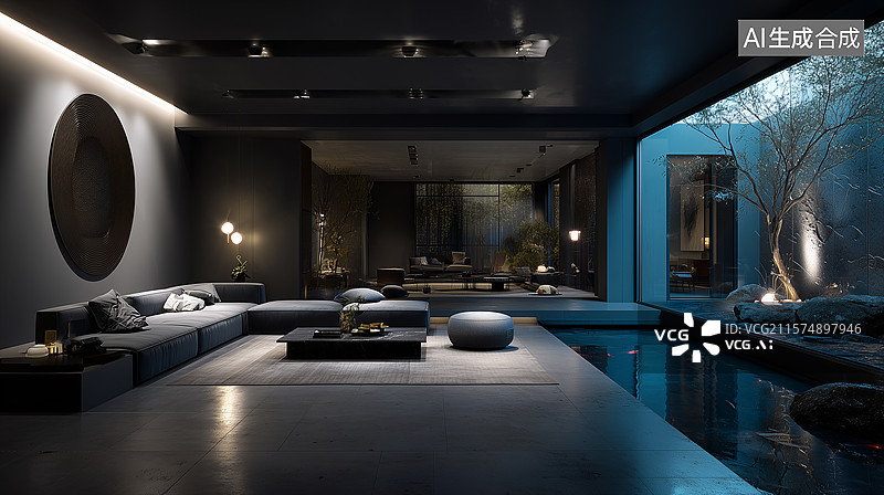 【AI数字艺术】夜间高雅极简禅意客厅：静谧灰调与水景相融图片素材