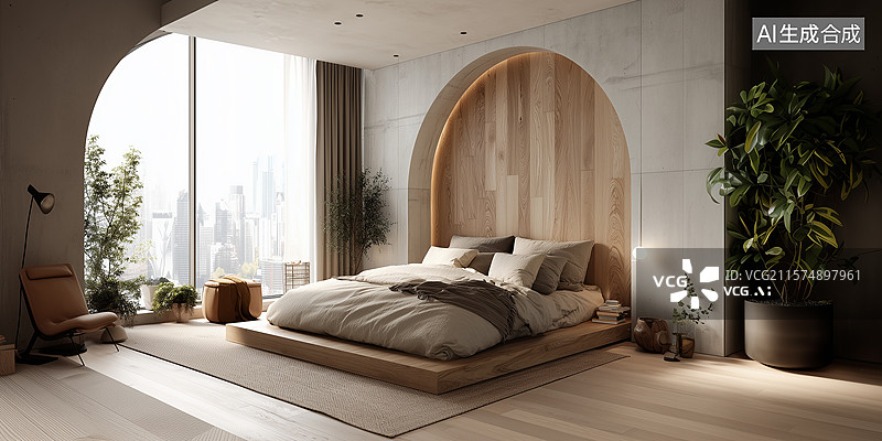 【AI数字艺术】极简北欧风卧室：拱形木墙与悬浮床的温馨空间图片素材