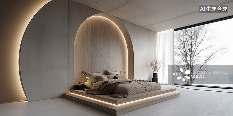【AI数字艺术】极简北欧风卧室：拱形木墙与悬浮床的温馨空间图片素材