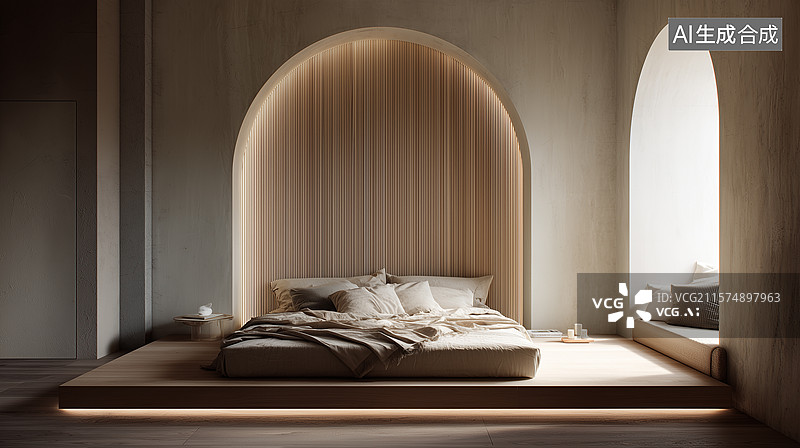 【AI数字艺术】极简北欧风卧室：拱形木墙与悬浮床的温馨空间图片素材