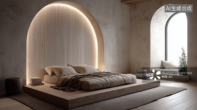 【AI数字艺术】极简北欧风卧室：拱形木墙与悬浮床的温馨空间图片素材
