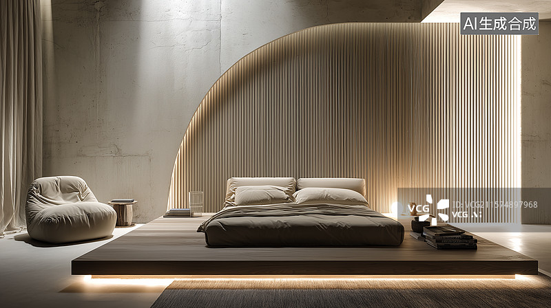 【AI数字艺术】极简北欧风卧室：拱形木墙与悬浮床的温馨空间图片素材