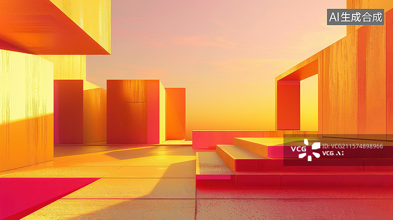 【AI数字艺术】鎏光筑梦：黄昏下的极简未来建筑图片素材
