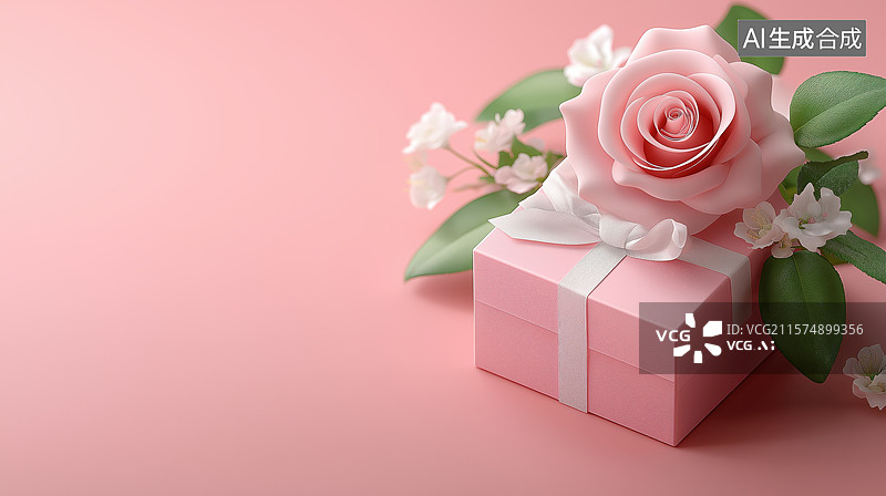 【AI数字艺术】粉色玫瑰与礼物盒的温馨组合图片素材