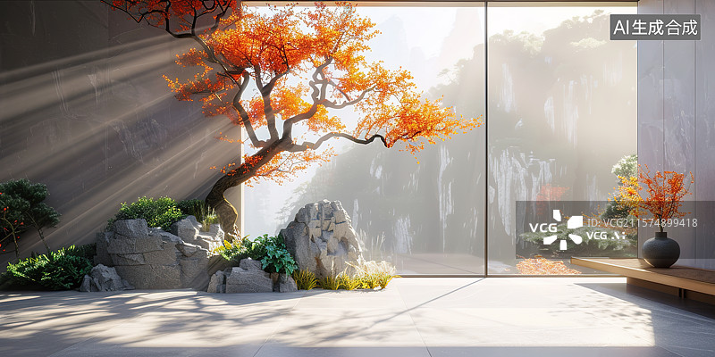 【AI数字艺术】新中式现代禅意风格露台室内设计样板间图片素材