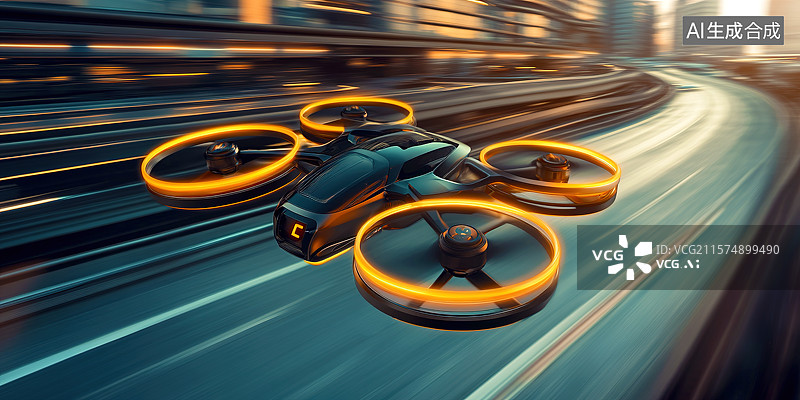 【AI数字艺术】城市中穿行的穿越机无人机科技主题场景和低空经济概念图片素材
