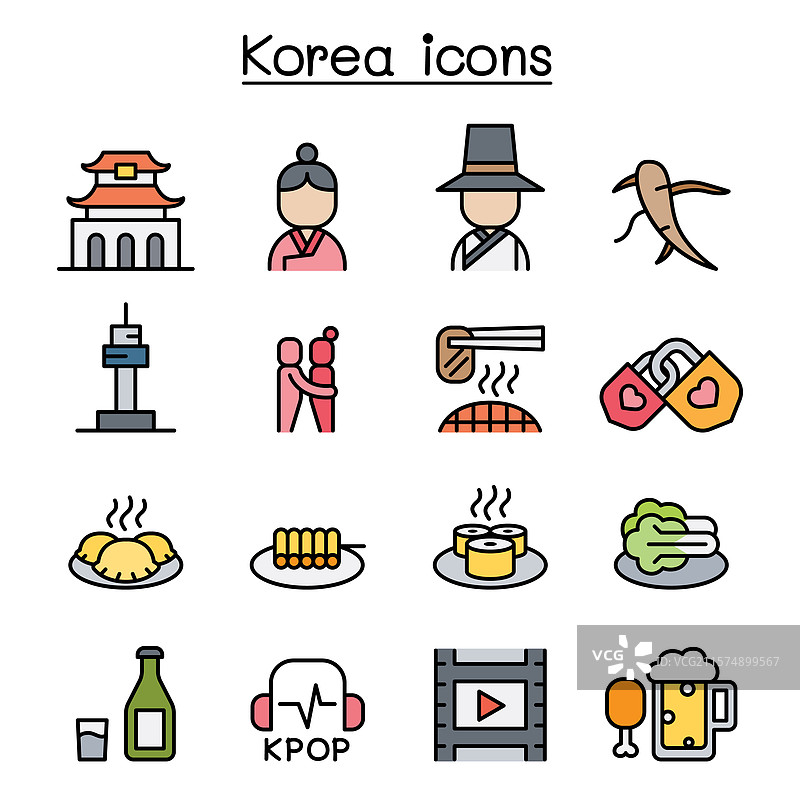彩色线条风格的韩国图标集图片素材