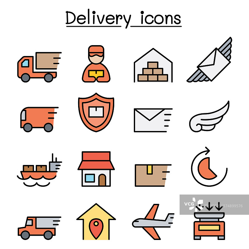 彩色线条风格的配送与物流图标集图片素材