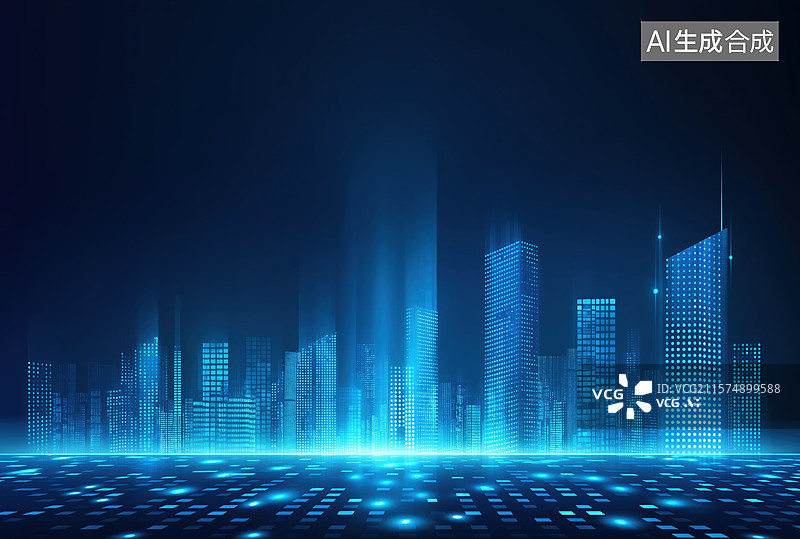 【AI数字艺术】未来城市夜景，蓝色光束照亮高楼图片素材