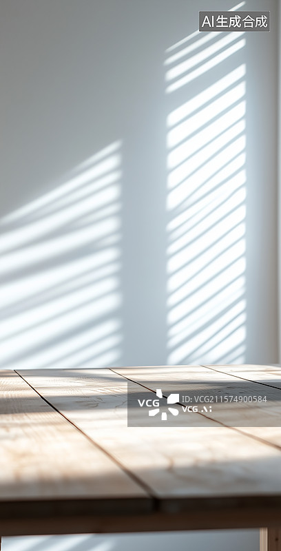 【AI数字艺术】阳光透过百叶窗投射在木质桌面上图片素材