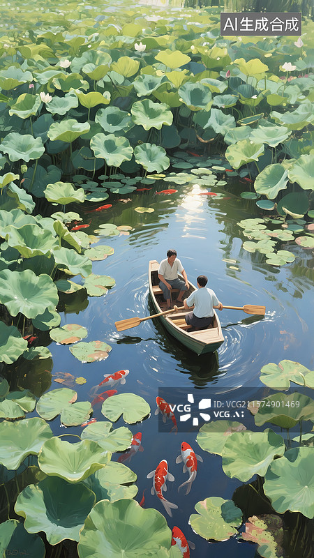 【AI数字艺术】俯视视角夏天的宁静荷塘小船图片素材