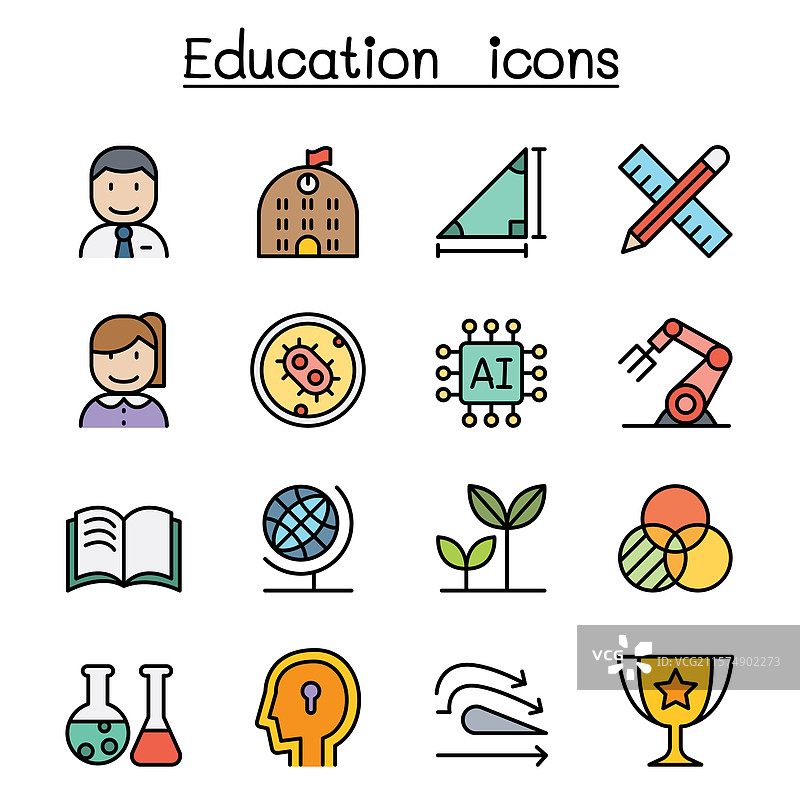 彩色线条风格的学校与教育图标集图片素材