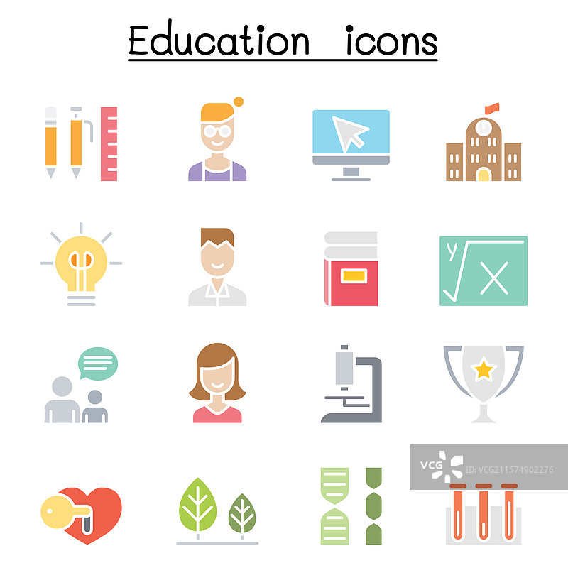 学校和教育图标集，采用扁平化色彩风格图片素材