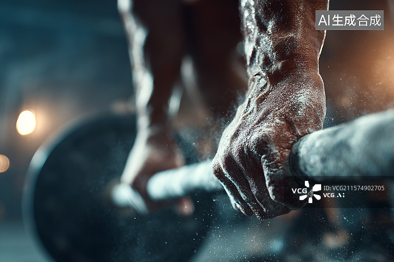 【AI数字艺术】运动员手上涂满镁粉抓着杠铃图片素材