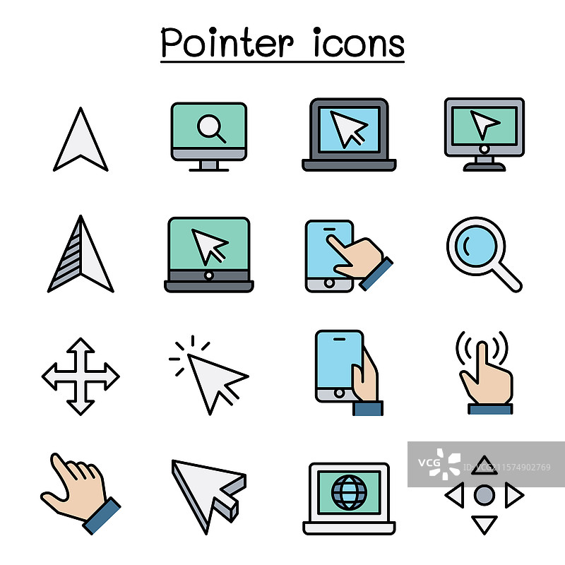 彩色线条风格的指针和光标图标集图片素材