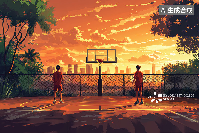 【AI数字艺术】夕阳下的篮球场上，两名篮球运动员打比赛图片素材
