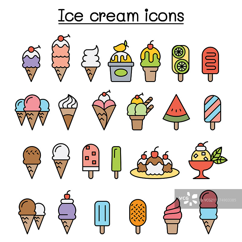 彩色线条风格的冰淇淋图标集图片素材