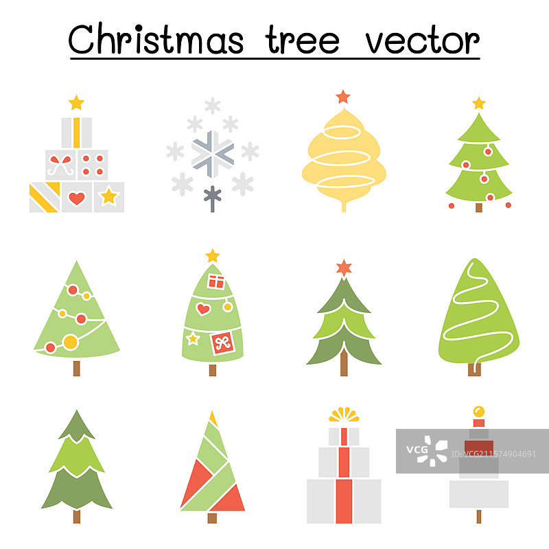 平面色彩风格的圣诞树图标集图片素材