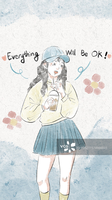 清新治愈励志手绘风手机时尚人物壁纸图片素材